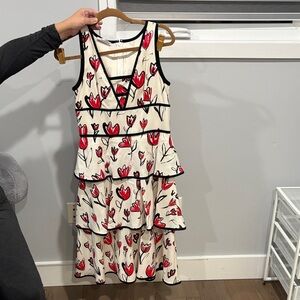 Oscar de la Renta Red and Cream Floral Midi Dress